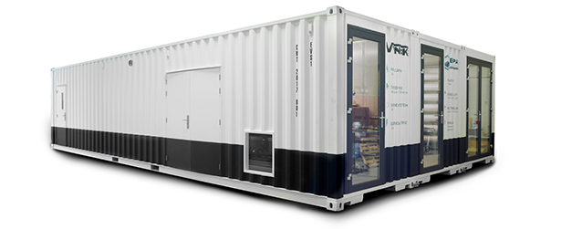 Image of an industrial process water purification system by Ekopak in a standard shipping container