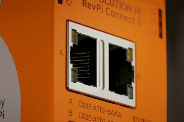 Close-up of the two RJ45 ports of a RevPi Connect device