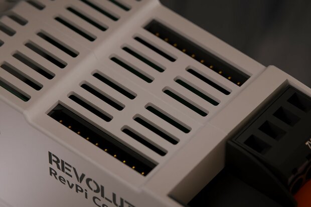 Close-up of the two PiBridge connections of the RevPi Connect