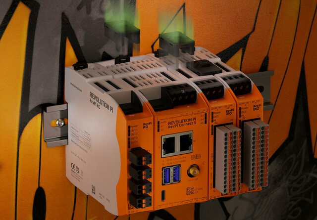 Plug & Play: Simple connection of RevPi modules via the top interface with the PiBridge connector. RevPi modules connected via PiBridge connector demonstrating plug and play functionality through top interface connection - industrial automation simplified