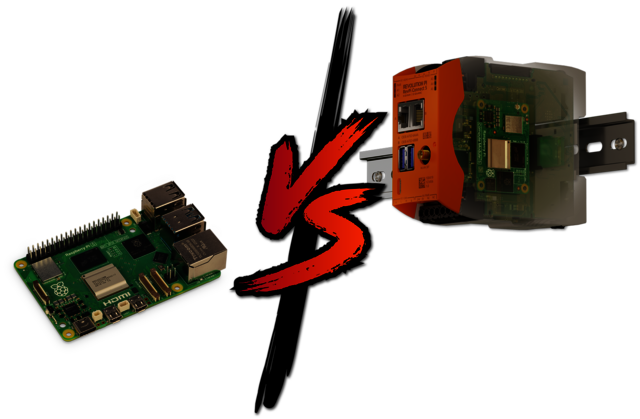 Raspberry Pi vs. Revolution Pi Vergleichsbild zeigt einen Raspberry Pi und einen Revolution Pi nebeneinander mit einem VS.-Symbol dazwischen. Das Bild visualisiert den direkten Vergleich zwischen dem Standard Raspberry Pi Single-Board-Computer und dem industrietauglichen Revolution Pi für Automatisierungsanwendungen.