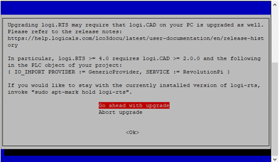 Projekt "Update Laufzeitsystem logi.RTS Warnung" Screenshot