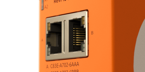 Detailaufnahme der Gigabit Ethernet RJ45-Buchsen des RevPi Connect 4