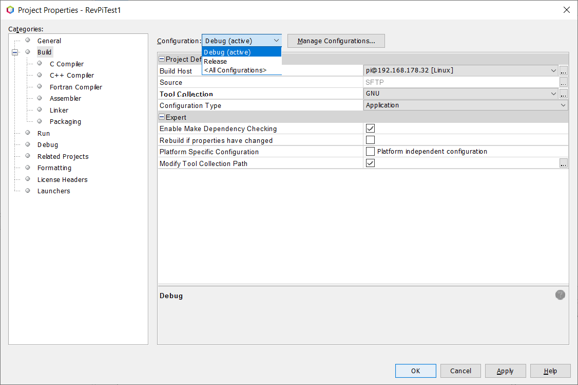 Screenshot of Project Properties - Build, showing the menu for "Configuration" and with new Build Host for the RevPi selected