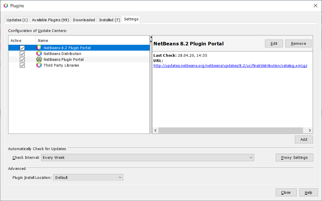 Screenshot of the Netbeans plugin manager, with activated Netbeans 8.2 Plugin Portal