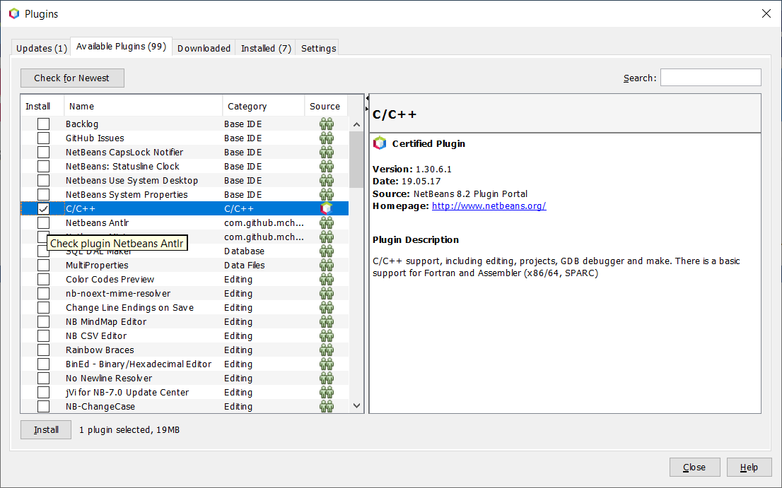 Screenshot showing Netbeans plugins with selected C/C++ plugin