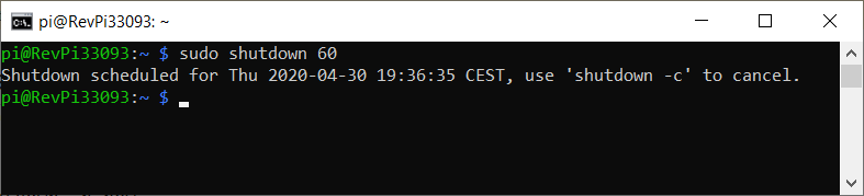 SSH session showing the output for the command "shutdown 60"