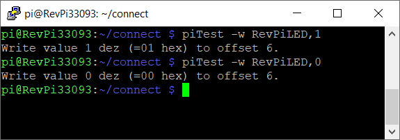 SSH console on which LED A1 is switched on and off with piTest