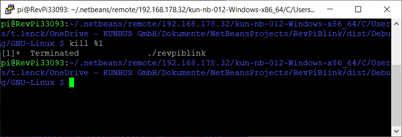 SSH console showing the output of the command "kill %1": [1]+ Terminated ./revpiblink &