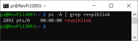 SSH console showing the output of the command "ps -A | grep revpiblink": 2892 pts/0 00:00:00 revpiblink