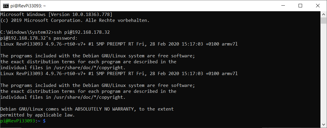 Screenshot of the Windows command line showing an established OpenSSH session