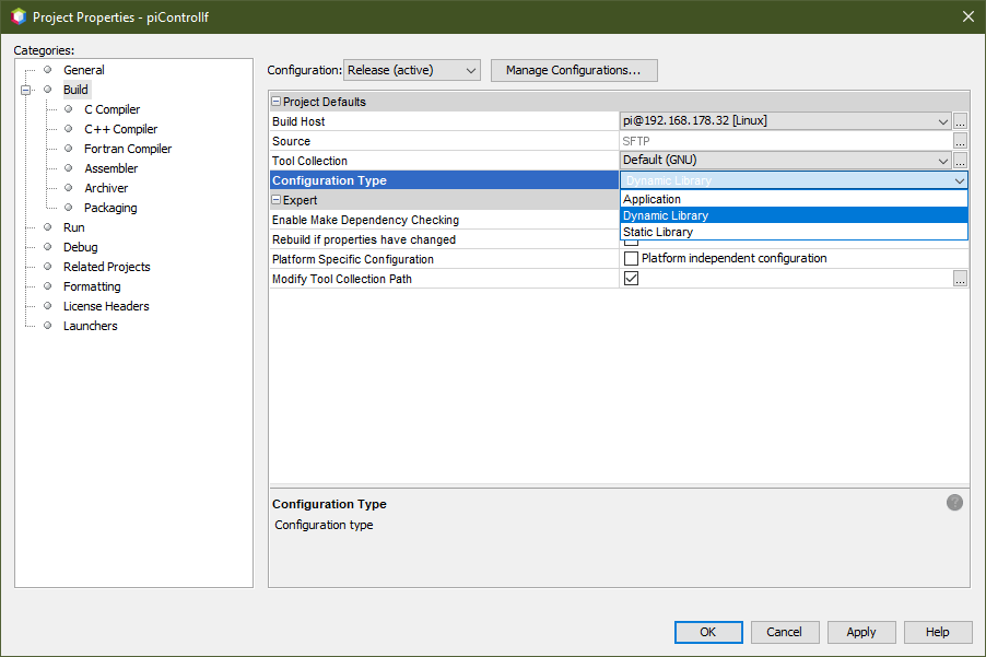 Screenshot of Netbeans' Project Properties showing the configuration type setup for a dynamic library