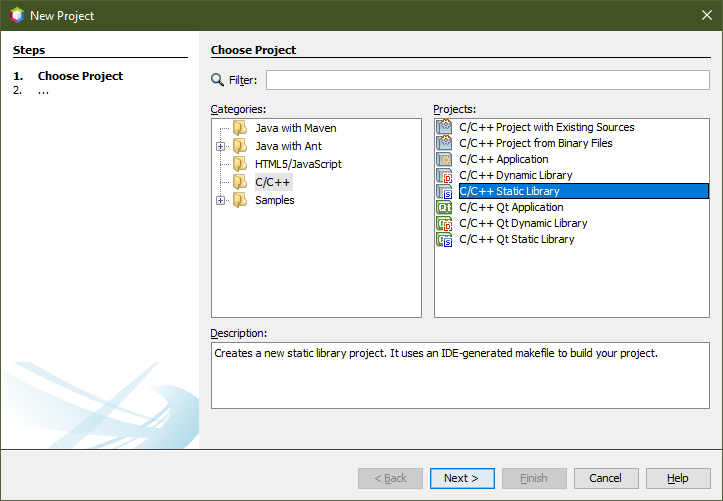 Screenshot of Netbeans' New Project dialog showing how to create a new project for a static library