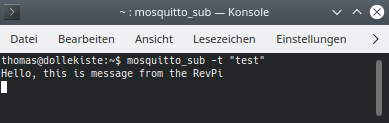 Screenshot of a terminal session showing mosquitto_sub running, subscribed to to topic "test"
