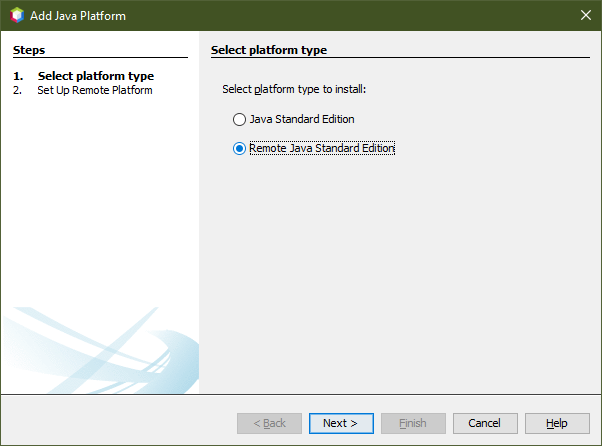 Screenshot of netbeans showing the "Add Java Platform" dialog form for selecting the platform type